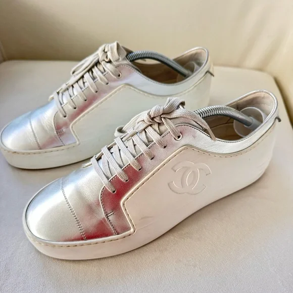 Authentic Chanel CC Sneakers White And Metallic Grey Shoes EuSize 42 US 9